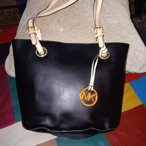 Michael Kors Black Pebbled Leather Tote with Cream Straps and Gold Hardware